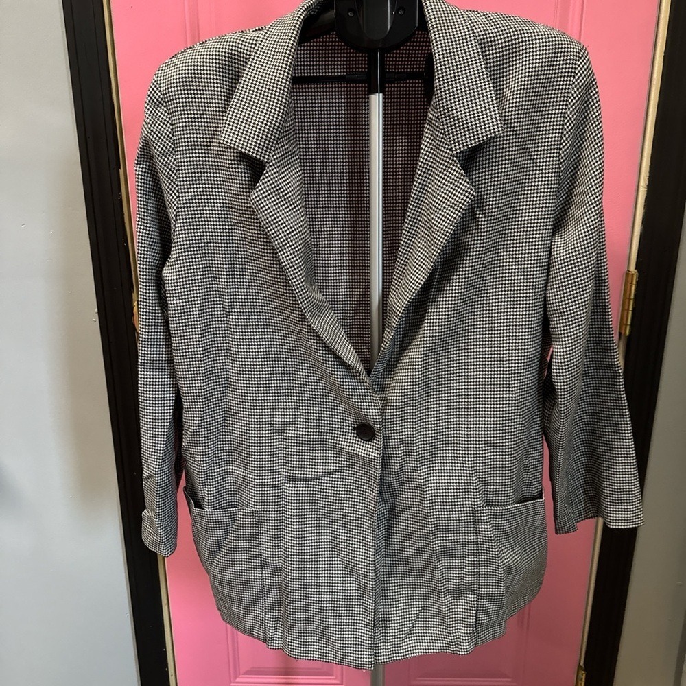 Joanna Plus Womens Black White Houndstooth Single Button Blazer Jacket Notched